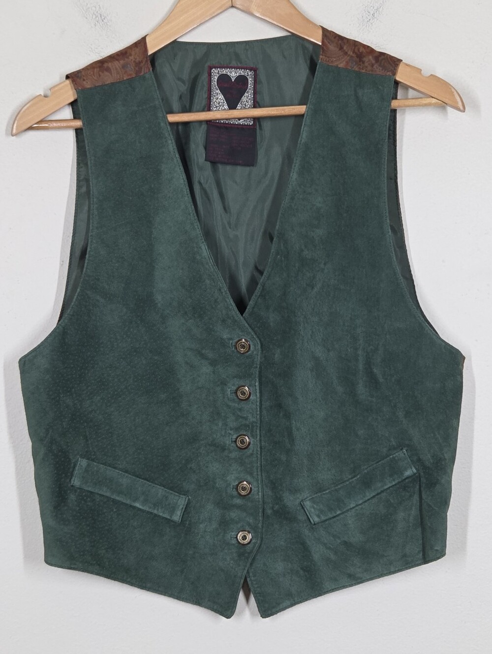 Vtg Dual Control Green Suede Leather Vest Paisley Back L Boho Western Festival